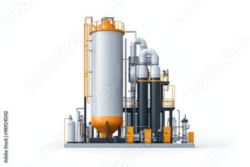 Industrial plant with large storage tank and piping, showcasing modern technology and efficiency in manufacturing processes.