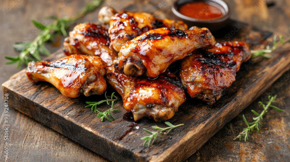 Grilled chicken wings marinated in sweet and spicy sauce, served on wooden board with fresh herbs. Perfect for gatherings and barbecues, these wings are delicious treat Grilled chicken wings marinated in sweet and spicy sauce, served on wooden board with fresh herbs. Perfect for gatherings and barbecues, these wings are delicious treat