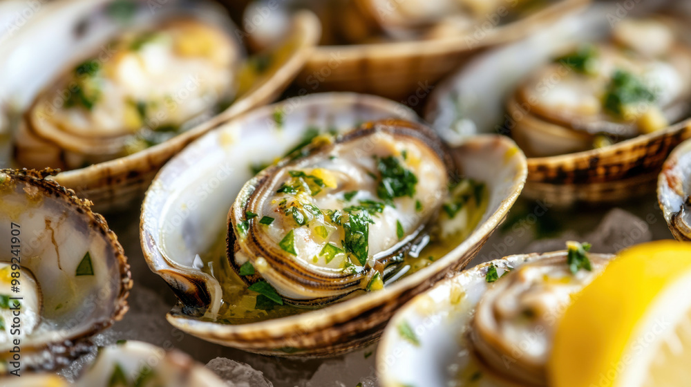 Grilled clams served with garlic and parsley, showcasing delicious seafood dish. vibrant colors and fresh ingredients create appetizing presentation Grilled clams served with garlic and parsley, showcasing delicious seafood dish. vibrant colors and fresh ingredients create appetizing presentation