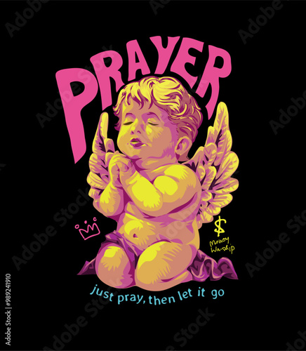 prayer slogan with cherub angel prayer vector illustration on black background