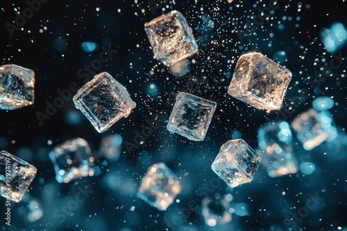 Ice Cubes Falling Through Water With a Black Background