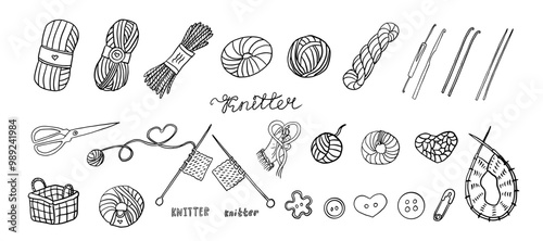 Set of needlework in doodle style. Knitting, knitting needles, knitting needles, buttons, scissors, knitter, yarn, icon, pin, crochet hook