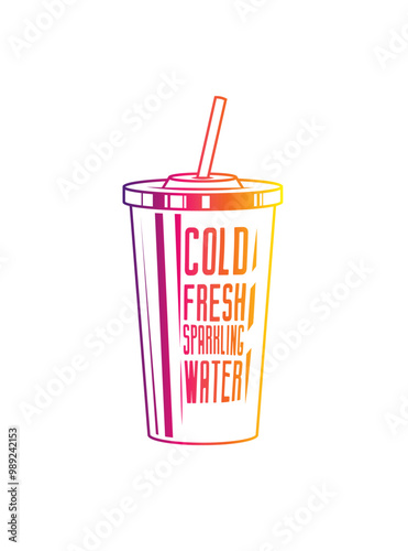 Fast food plastic cup with straw. Hot or cold drink. Original vector illustration in vintage style.