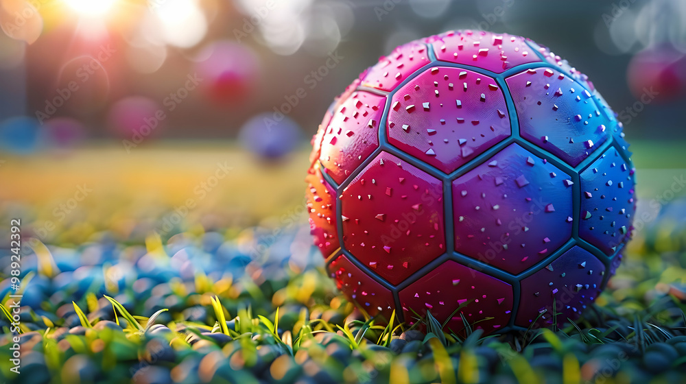 3D Illustration of a Shiny Soccer Ball with Water Drops on Grass