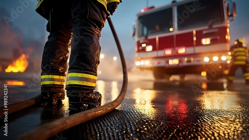 Firefighter standing near a fire with a hose in action, dramatic lighting.