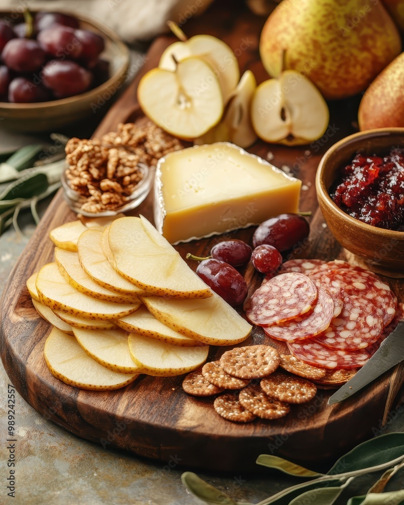 A beautifully arranged charcuterie board with fruits, cheeses, and meats for sharing. A beautifully arranged charcuterie board with fruits, cheeses, and meats for sharing.