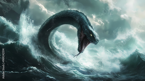 Sea serpent, leviathan, rising from ocean. Sea Serpent. Illustration photo