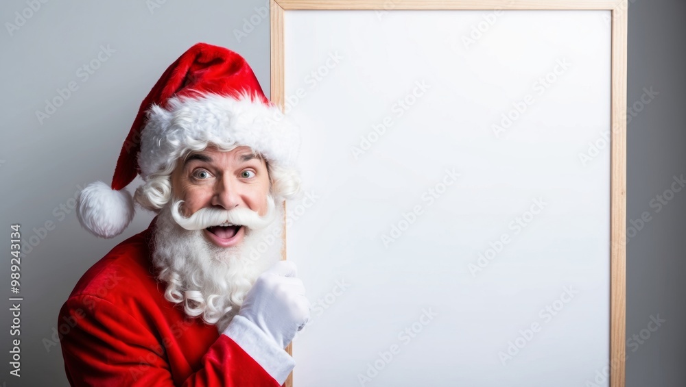 Naklejka premium Santa Claus posing with blank wooden frame