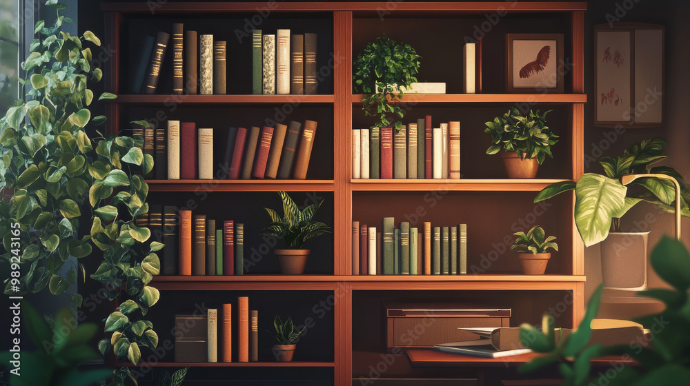 Cozy virtual office background with warm tones, a stylish bookshelf, and plants for a welcoming, yet professional atmosphere Cozy virtual office background with warm tones, a stylish bookshelf, and plants for a welcoming, yet professional atmosphere