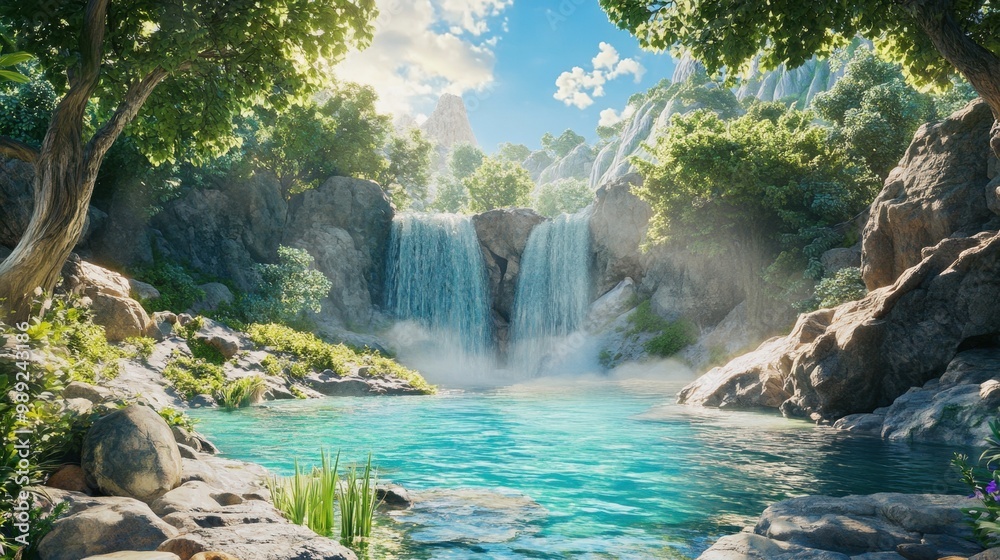 Peaceful oasis with turquoise water and a soft waterfall, surrounded by rocks and greenery under a bright and sunny sky Peaceful oasis with turquoise water and a soft waterfall, surrounded by rocks and greenery under a bright and sunny sky