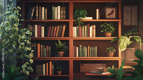 Cozy virtual office background with warm tones, a stylish bookshelf, and plants for a welcoming, yet professional atmosphere