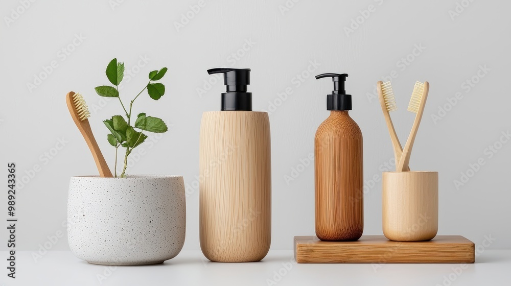 Stylish bathroom essentials featuring wooden containers, toothbrushes, and a plant, perfect for minimalist decor. Stylish bathroom essentials featuring wooden containers, toothbrushes, and a plant, perfect for minimalist decor.