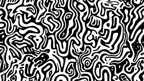 A black and white abstract pattern featuring fluid, wavy lines and shapes.