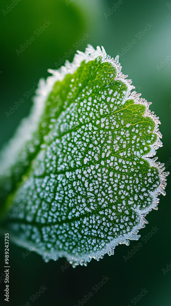 Close-Up Frost on Leaf with Delicate Crystal Patterns Cold Winter Nature Background Close-Up Frost on Leaf with Delicate Crystal Patterns Cold Winter Nature Background