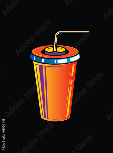 Fast food plastic cup with straw. Hot or cold drink. Original vector illustration in vintage style.