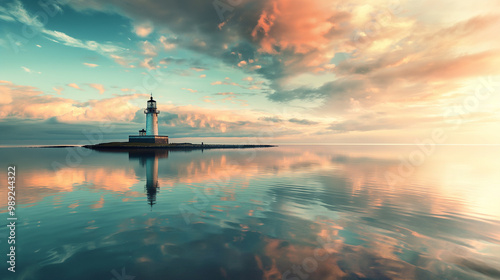 A lighthouse stands in the ocean against the background of water and beautiful clouds reflected in the water. Peace and joy of travel. photo