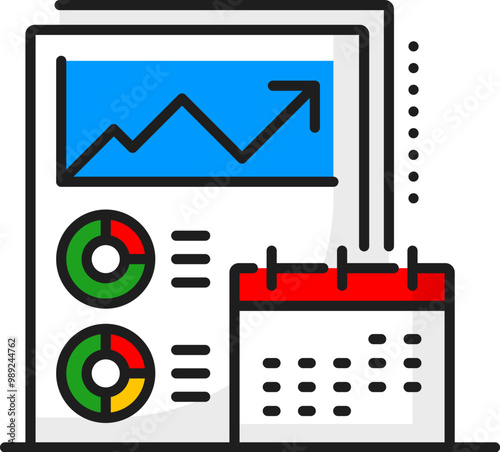 Color financial analysis, accounting, tax revenue and budget line icon representing an annual report, featuring a graph with an upward trend, pie charts, and a calendar business analysis and planning