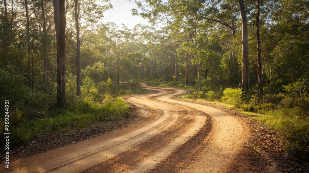 Obraz premium Sandy off-road bush track winding through the outback forest with tall trees and a bright sky. A perfect backdrop for adventure
