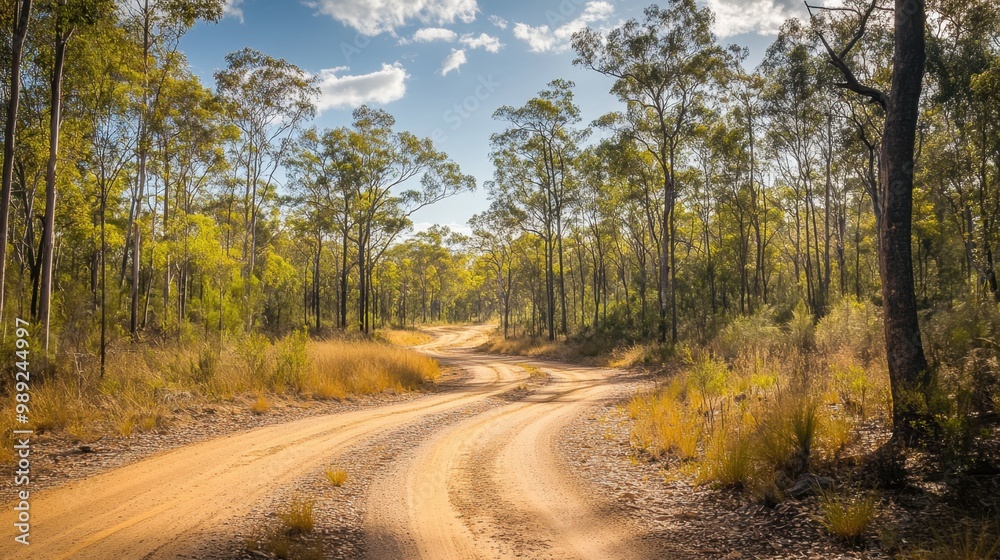 Sandy off-road bush track winding through the outback forest with tall trees and a bright sky. A perfect backdrop for adventure Sandy off-road bush track winding through the outback forest with tall trees and a bright sky. A perfect backdrop for adventure