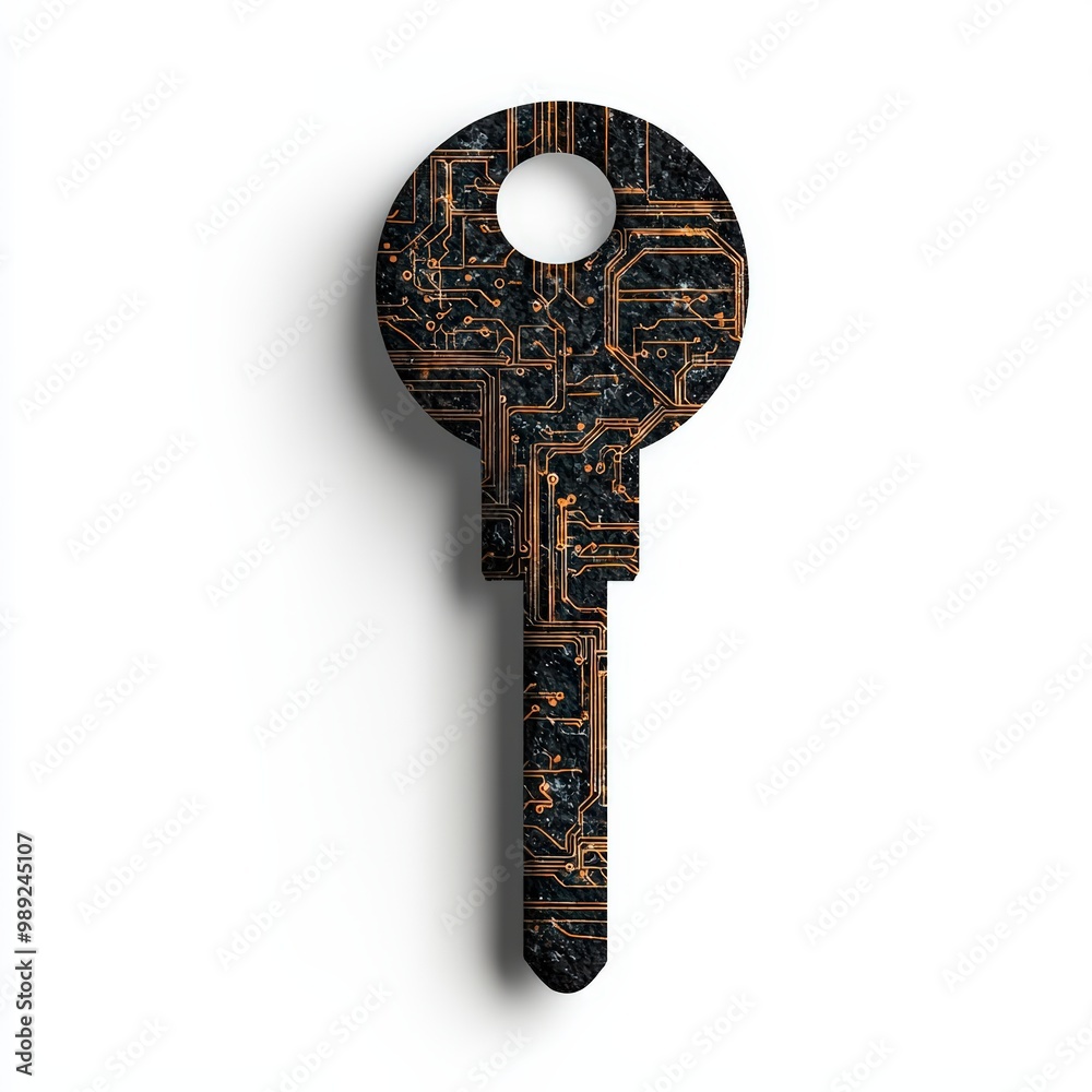 Stylized key design featuring a circuit pattern, symbolizing security and technology in a modern aesthetic. Stylized key design featuring a circuit pattern, symbolizing security and technology in a modern aesthetic.