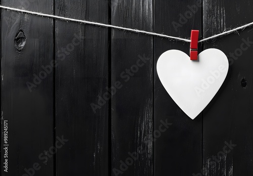 White Heart Card Hanging on Clothesline with Red Clip