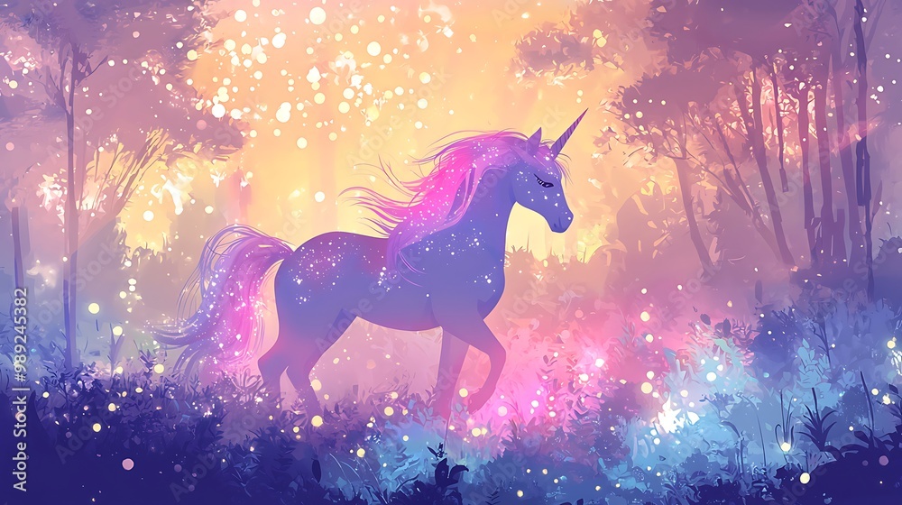 Enchanting Sparkly Unicorn in Whimsical Fairy Tale Setting with Dreamy Pastel Colors and Magical Drawing