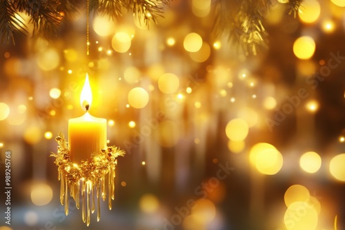 Golden Christmas Candle with Festive Bokeh Background