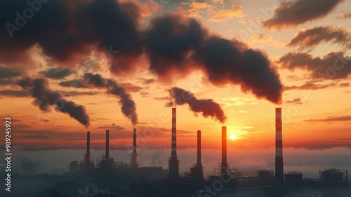 A factory skyline silhouetted against a colorful sunset, with smoke billowing from tall smokestacks, highlighting industrial pollution.