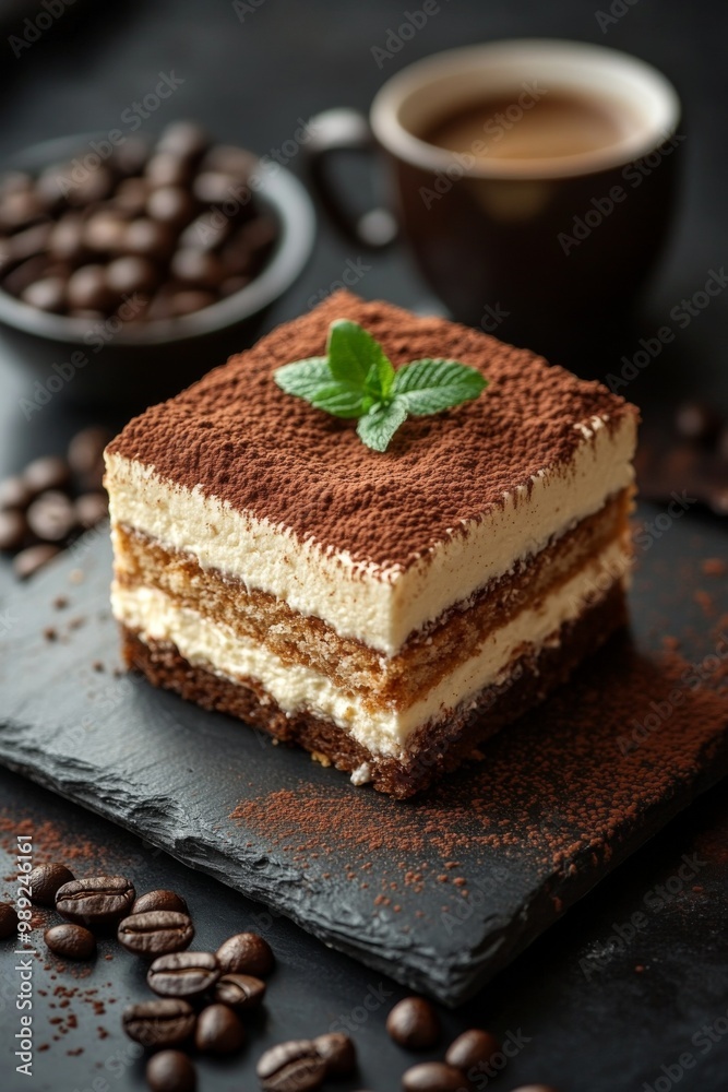 Tiramisu, served on dark slate. Italian tiramisu cake. studio lighting. 
