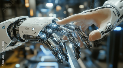 image depicts close up of robotic hand reaching out to touch human hand, symbolizing connection between technology and humanity. intricate details of robotic hand highlight advanced design and