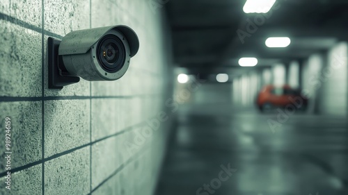 Security camera installed in a dimly lit parking garage, monitoring area.