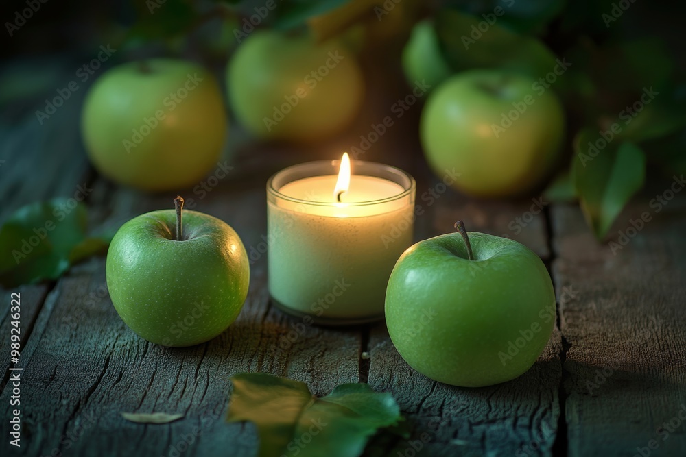 aesthetic candle with green apples on a marble table. Emphasize the warm upscale luxury ambiance, the flickering flame, suggesting a cozy and intimate setting aesthetic candle with green apples on a marble table. Emphasize the warm upscale luxury ambiance, the flickering flame, suggesting a cozy and intimate setting