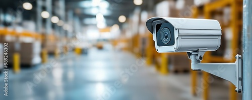 Surveillance camera monitoring warehouse environment.