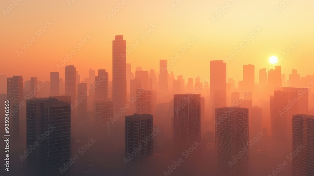 A misty skyline at sunrise, featuring towering skyscrapers silhouetted against an orange and yellow sky. A misty skyline at sunrise, featuring towering skyscrapers silhouetted against an orange and yellow sky.