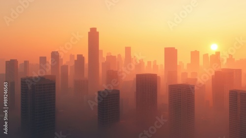 A misty skyline at sunrise, featuring towering skyscrapers silhouetted against an orange and yellow sky.