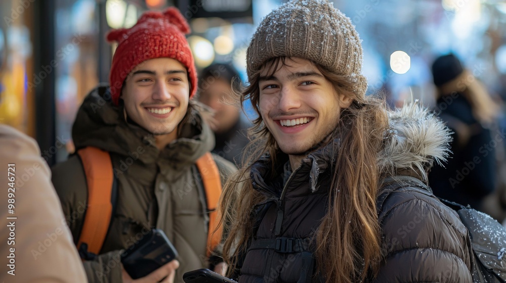 Smiling Friends Enjoying Winter in a City Street Smiling Friends Enjoying Winter in a City Street