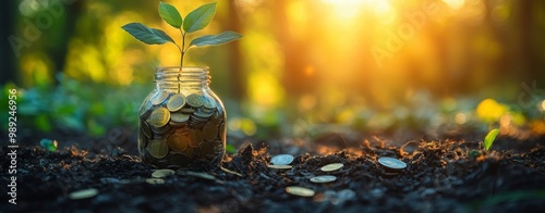 Growth of Wealth: Plant Sprouting from Jar of Coins photo