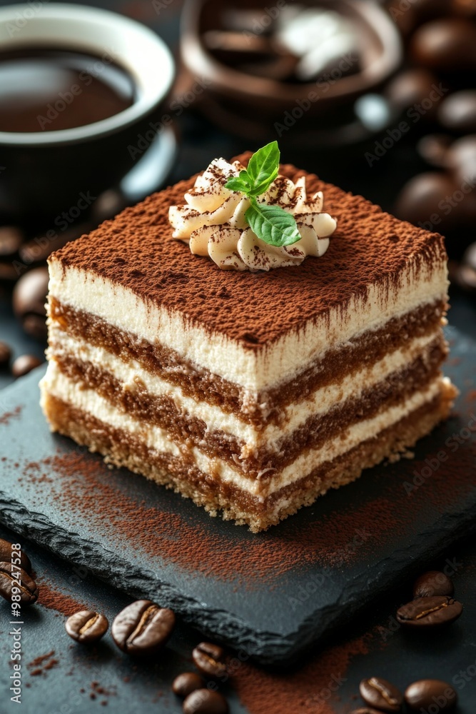 Tiramisu, served on dark slate. Italian tiramisu cake. studio lighting. Tiramisu, served on dark slate. Italian tiramisu cake. studio lighting.