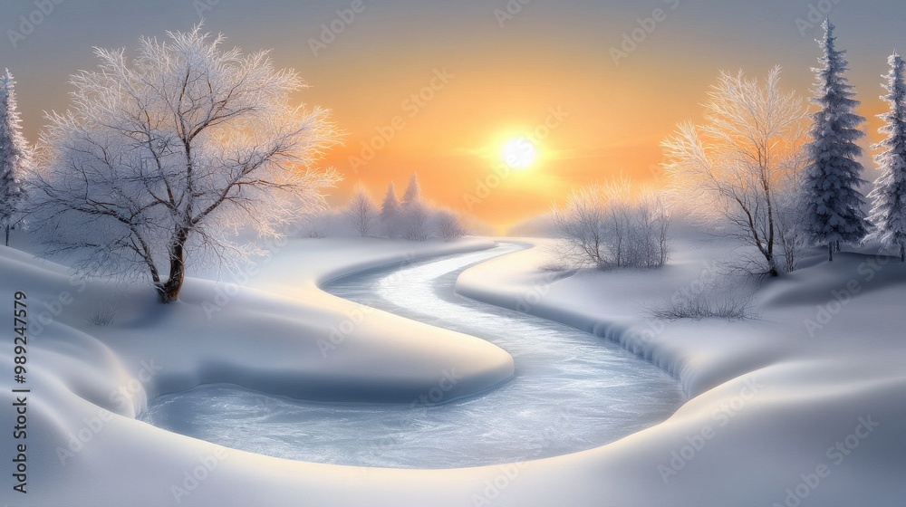 Quiet January scene with a frozen river winding through a snow-covered forest, bare branches touched by frost and a distant winter sun. Quiet January scene with a frozen river winding through a snow-covered forest, bare branches touched by frost and a distant winter sun.