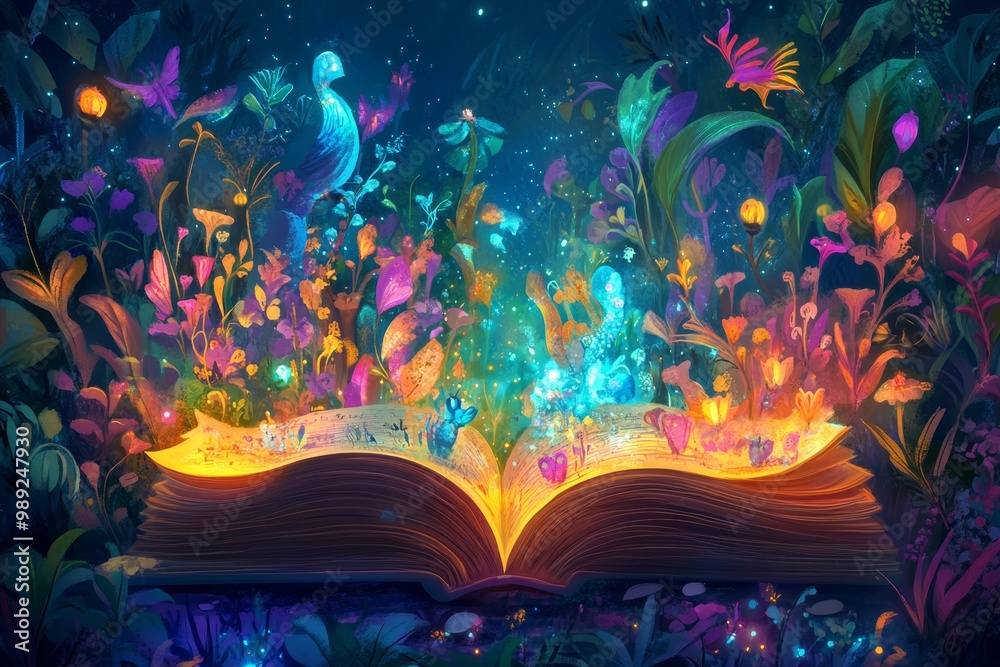 Fototapeta premium open children storybook with vibrant whimsical illustrations emerging from its pages, classic fairy tales or folklore. colorful and enchanting, with a focus on the magic and wonder of storytelling