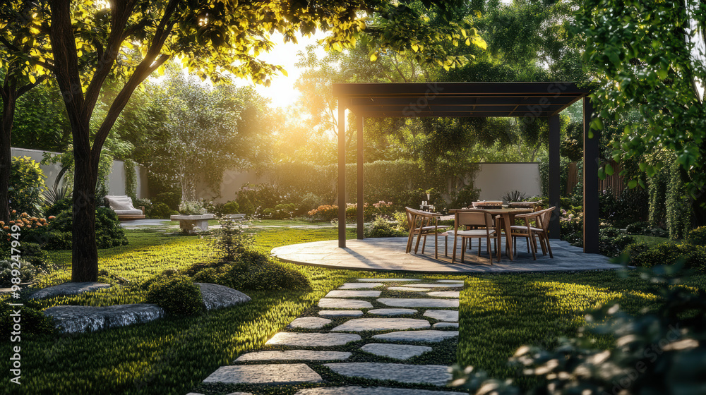 Obraz premium serene garden scene featuring beautifully designed outdoor dining area under pergola, surrounded by lush greenery and vibrant flowers, perfect for relaxation and gatherings
