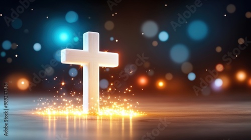 Religious Christmas background featuring a wooden cross with subtle Christmas lights, symbolizing the connection between faith and the celebration of Christâ€™s birth.