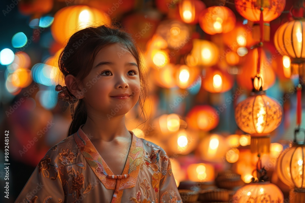 A young girl admiring glowing lanterns at a festival, perfect for festive, cultural, and heartwarming themes. A young girl admiring glowing lanterns at a festival, perfect for festive, cultural, and heartwarming themes.