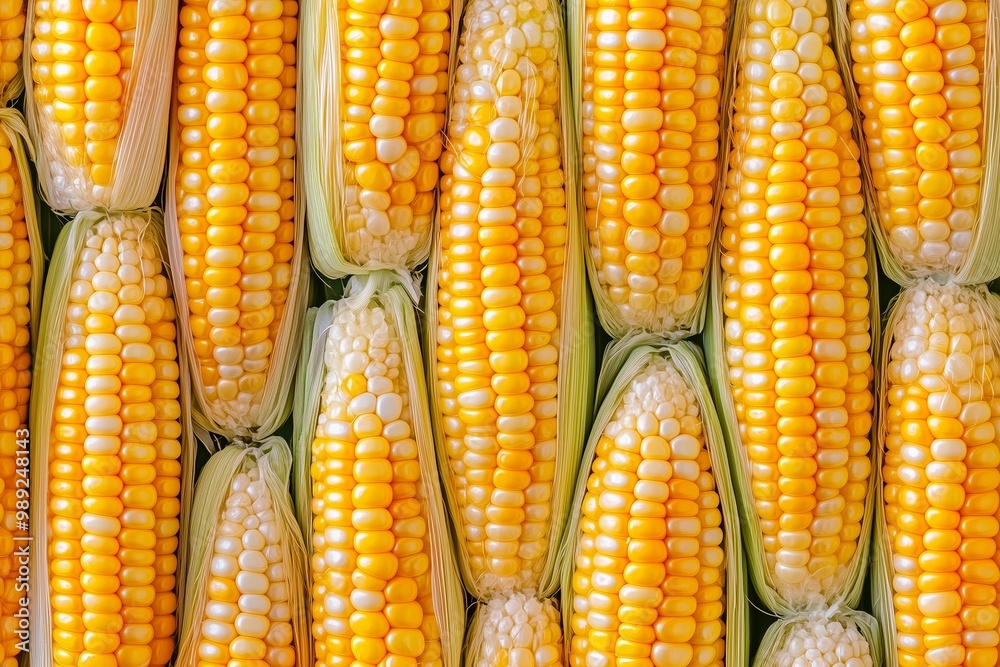 Close-up of multiple fresh yellow corn on the cob with husks, showcasing ripe kernels. Ideal for agricultural and culinary uses. Close-up of multiple fresh yellow corn on the cob with husks, showcasing ripe kernels. Ideal for agricultural and culinary uses.