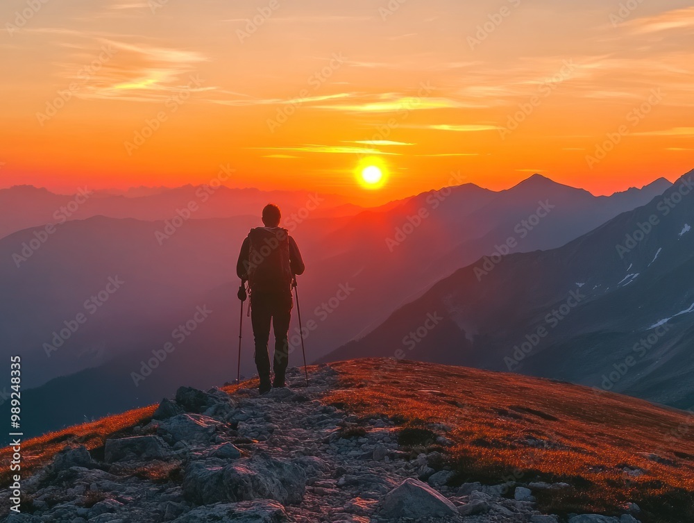 Hiker on mountain peak at sunrise, AI generated Hiker on mountain peak at sunrise, AI generated