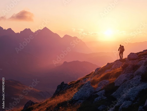 Hiker on mountain peak at sunrise, AI generated