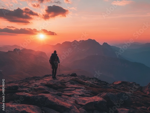 Hiker on mountain peak at sunrise, AI generated