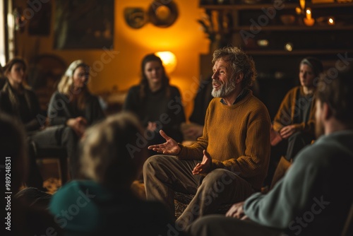 group of people gathered around a storyteller, with warm lighting and a cozy, intimate setting. The storyteller is animated, using expressive gestures, and the audience appears engaged and captivated