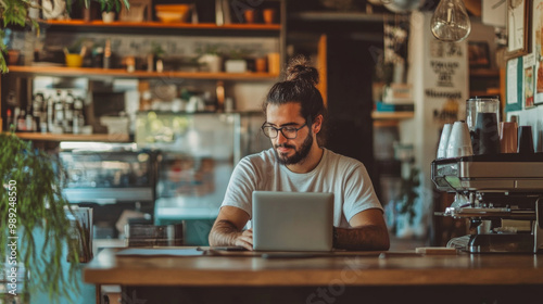 A micro business owner working with clients in a local coffee shop, modern aesthetic