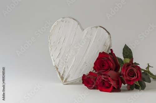 White Wooden Heart with Red Roses for Valentine's Day